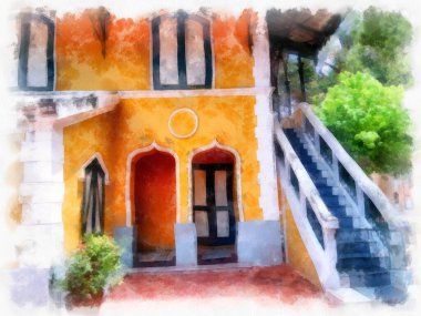 Sarı Ev Antika suluboya resim çiziminin Gotik Mimari Binası 'nın manzarası..