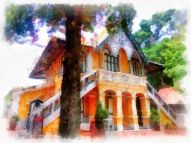 Sarı Ev Antika suluboya resim çiziminin Gotik Mimari Binası 'nın manzarası..