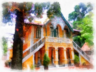 Sarı Ev Antika suluboya resim çiziminin Gotik Mimari Binası 'nın manzarası..