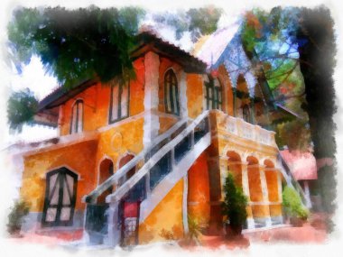 Sarı Ev Antika suluboya resim çiziminin Gotik Mimari Binası 'nın manzarası..