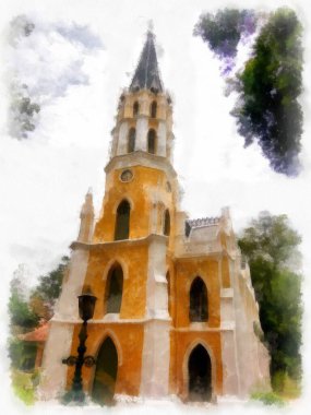 Eski kilise gotik mimarisinin manzarası suluboya resim çizimi izlenimcisi.