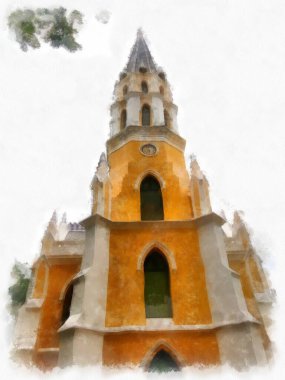 Eski kilise gotik mimarisinin manzarası suluboya resim çizimi izlenimcisi.