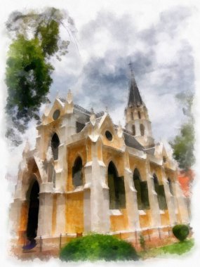 Eski kilise gotik mimarisinin manzarası suluboya resim çizimi izlenimcisi.