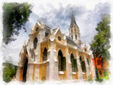 Eski kilise gotik mimarisinin manzarası suluboya resim çizimi izlenimcisi.