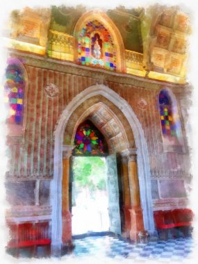Antik Gotik bir Gotik mimari kilisesinin iç mimarisi suluboya tarzı illüstrasyon ressamı.