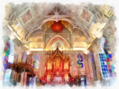Antik Gotik bir Gotik mimari kilisesinin iç mimarisi suluboya tarzı illüstrasyon ressamı.