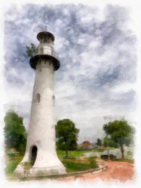 Nehir kenarında bir deniz feneri manzarası suluboya resim çizimi.