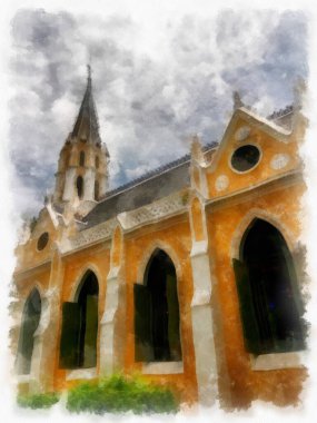 Eski kilise gotik mimarisinin manzarası suluboya resim çizimi izlenimcisi.