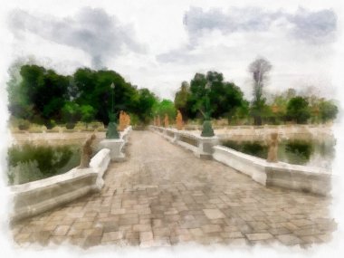 landscape of ancient stone bridge european architecture watercolor style illustration impressionist painting.