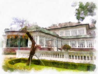 Avrupa mimarisindeki antik binaların manzarası suluboya resim çizimi izlenimcisi.