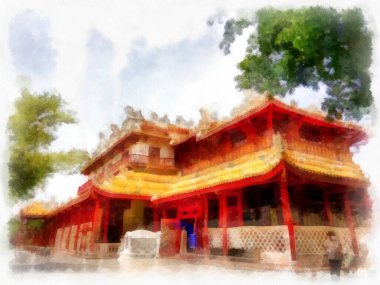 Eski Çin mimarisindeki antik binaların manzarası suluboya resim çizimi empresyonisti.