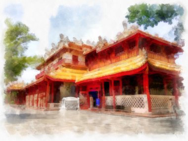 Eski Çin mimarisindeki antik binaların manzarası suluboya resim çizimi empresyonisti.