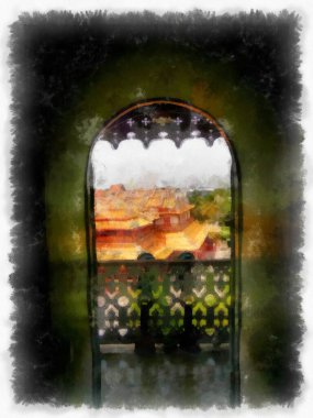 Antik binadaki kemerli balkon manzarası suluboya stili illüstrasyon ressamı.