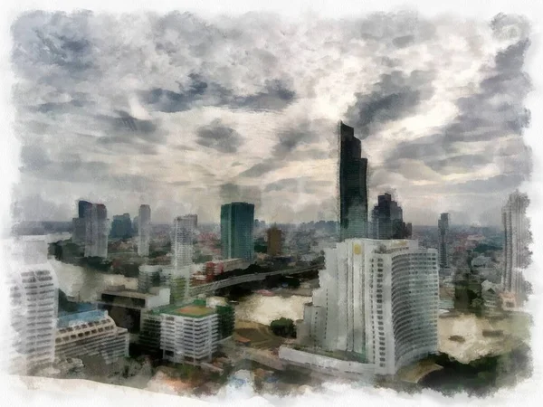Bangkok Cidade Paisagem Edifícios Altos Longo Rio Chao Phraya Aquarela — Fotografia de Stock