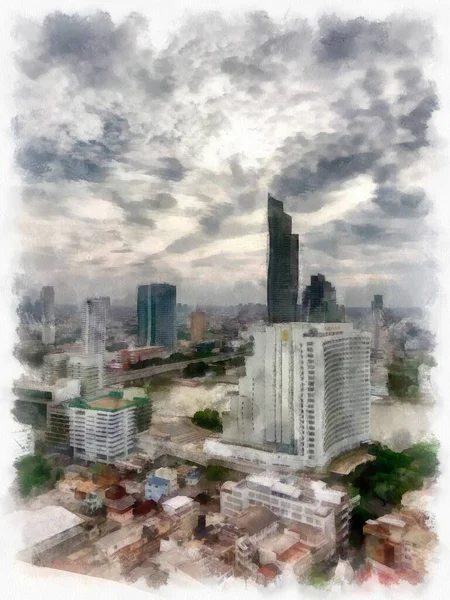 Bangkok Miasto Krajobraz Wysokie Budynki Wzdłuż Rzeki Chao Phraya Akwarela — Zdjęcie stockowe