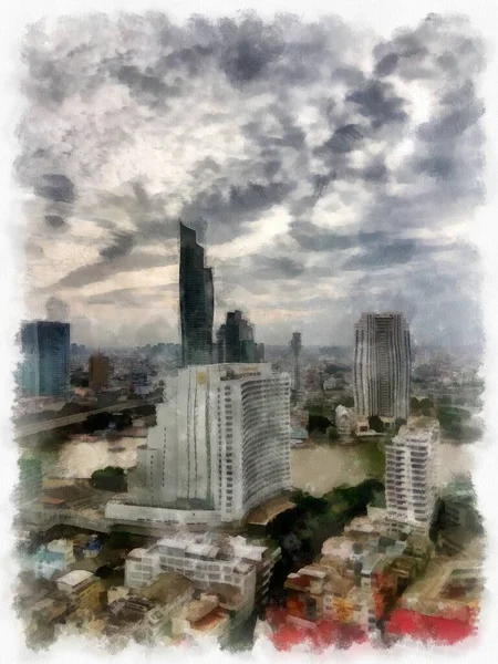 Bangkok Stadslandschap Hoge Gebouwen Langs Chao Phraya Rivier Aquarel Stijl — Stockfoto