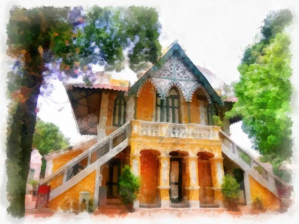 Landscape Gothic Architecture Building Yellow House Antique Watercolor Style Illustration — 图库照片