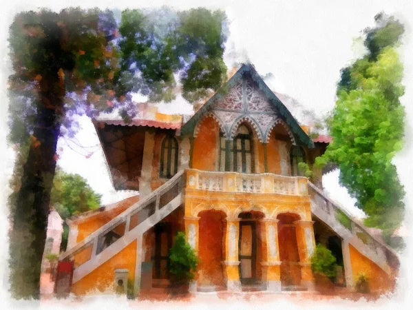 Landscape Gothic Architecture Building Yellow House Antique Watercolor Style Illustration — Stock Fotó