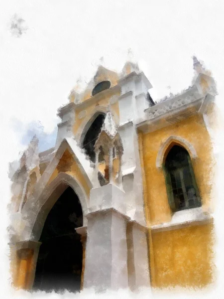 Landschaft Der Alten Kirche Gotische Architektur Aquarell Stil Illustration Impressionistische — Stockfoto