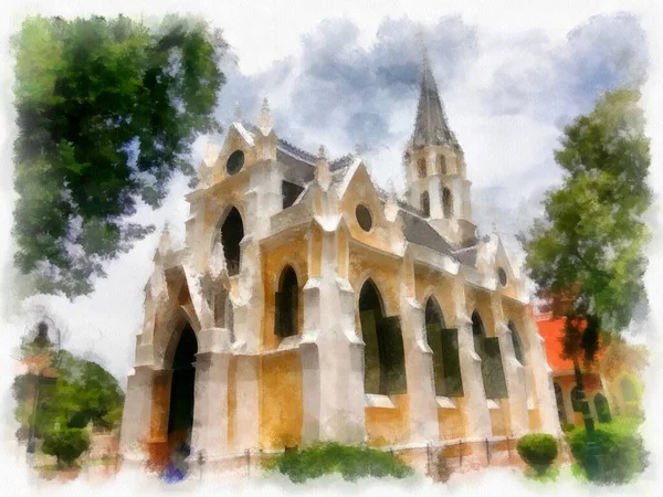 Landscape Ancient Church Gothic Architecture Watercolor Style Illustration Impressionist Painting — 图库照片