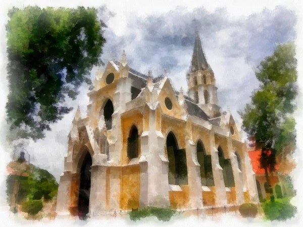 Landscape Ancient Church Gothic Architecture Watercolor Style Illustration Impressionist Painting — 图库照片