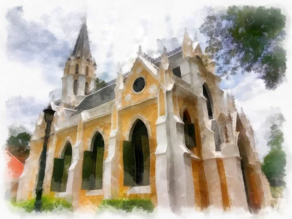Landscape Ancient Church Gothic Architecture Watercolor Style Illustration Impressionist Painting — 图库照片