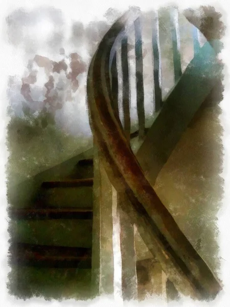 Paisagem Escada Espiral Madeira Edifício Antigo Aquarela Estilo Ilustração Impressionista — Fotografia de Stock