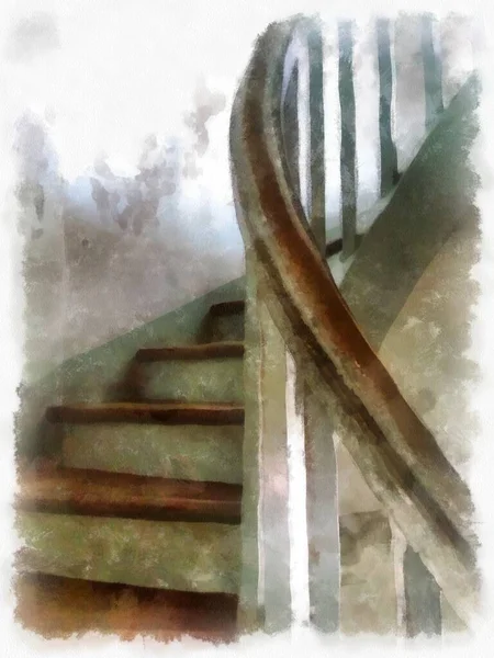 Landscape Wooden Spiral Staircase Ancient Building Watercolor Style Illustration Impressionist — 图库照片