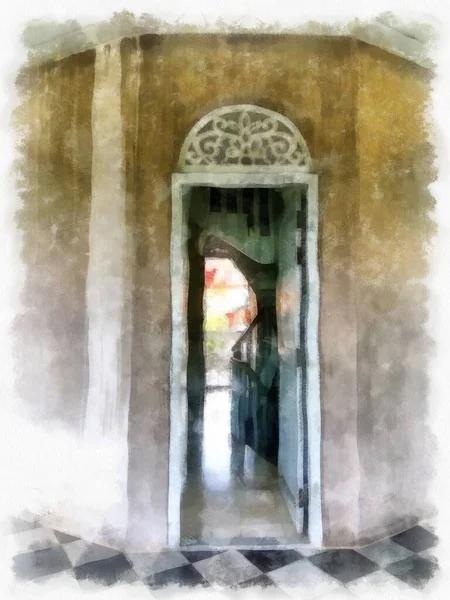 Eski bina kapısı suluboya stili çizim empresyonisti.