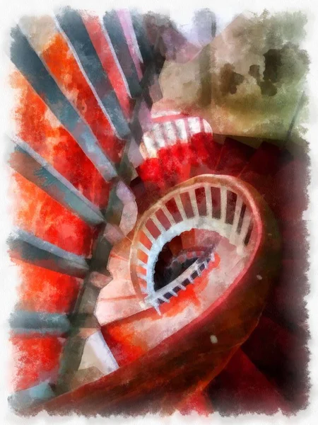 Landscape Wooden Spiral Staircase Ancient Building Watercolor Style Illustration Impressionist — 图库照片
