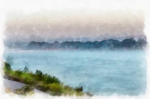 Mekong River Landscape Thailand Watercolor Style Illustration Impressionist Painting — Stock Photo, Image