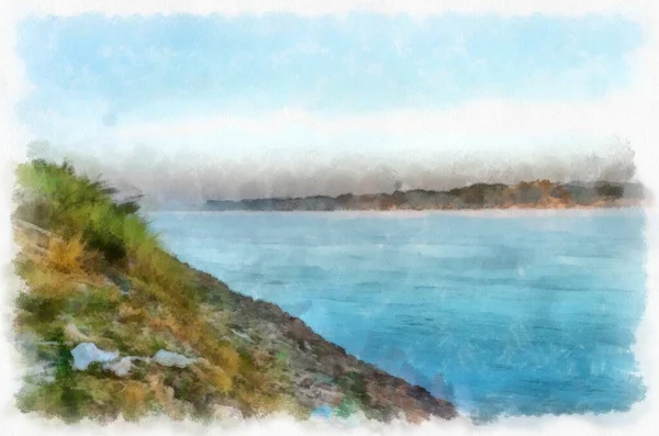 Mekong River Landscape Thailand Watercolor Style Illustration Impressionist Painting — 스톡 사진