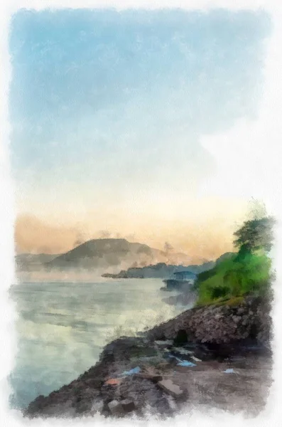 Mekong River Landscape Thailand Watercolor Style Illustration Impressionist Painting — Photo
