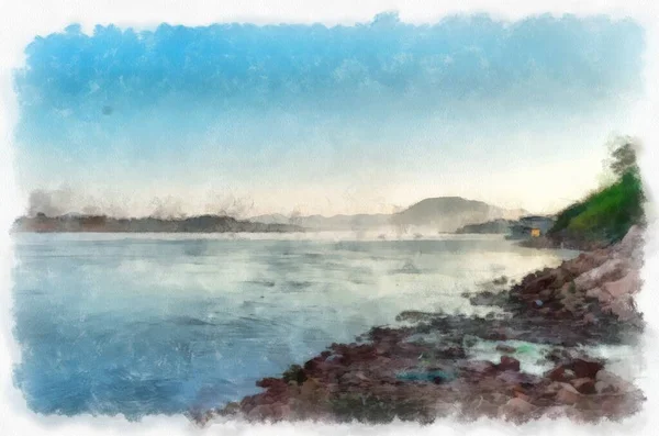 Mekong River Landscape Thailand Watercolor Style Illustration Impressionist Painting — Foto de Stock