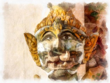 Tayland 'ın kuzeydoğusundaki antik tapınaklar suluboya resim çizimi.