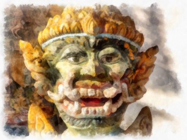 Tayland 'ın kuzeydoğusundaki antik tapınaklar suluboya resim çizimi.