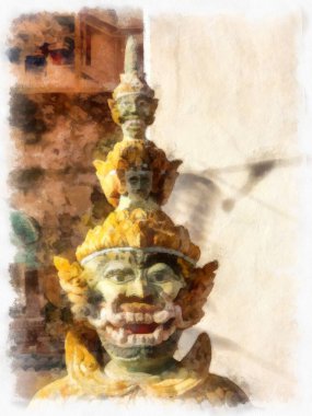 Tayland 'ın kuzeydoğusundaki antik tapınaklar suluboya resim çizimi.