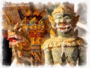 Tayland 'ın kuzeydoğusundaki antik tapınaklar suluboya resim çizimi.