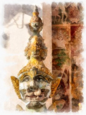 Tayland 'ın kuzeydoğusundaki antik tapınaklar suluboya resim çizimi.