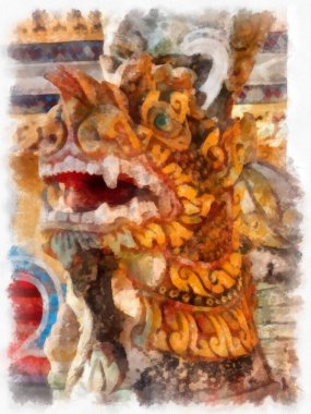 Tayland 'ın kuzeydoğusundaki antik tapınaklar suluboya resim çizimi.