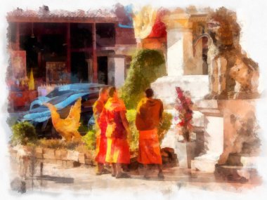 Tayland 'ın kuzeydoğusundaki antik tapınaklar suluboya resim çizimi.