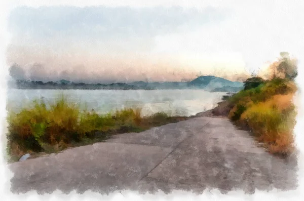 Mekong River Landscape Thailand Watercolor Style Illustration Impressionist Painting — 스톡 사진