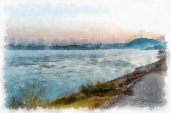 Mékong Paysage Fluvial Thaïlande Aquarelle Style Illustration Peinture Impressionniste — Photo