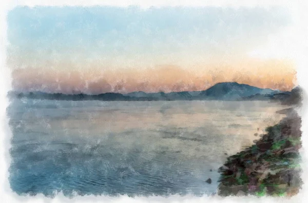 Mékong Paysage Fluvial Thaïlande Aquarelle Style Illustration Peinture Impressionniste — Photo