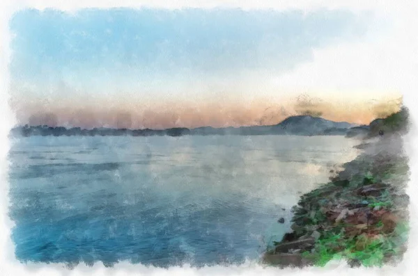 Mekong River Landscape Thailand Watercolor Style Illustration Impressionist Painting — 图库照片