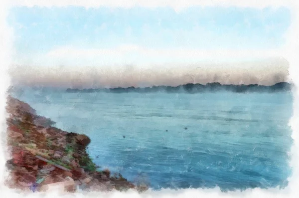 Mekong River Landscape Thailand Watercolor Style Illustration Impressionist Painting — Stockfoto