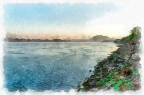 Mekong River Landscape Thailand Watercolor Style Illustration Impressionist Painting — Stock Photo, Image