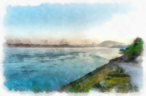 Mekong River Landscape Thailand Watercolor Style Illustration Impressionist Painting — Photo