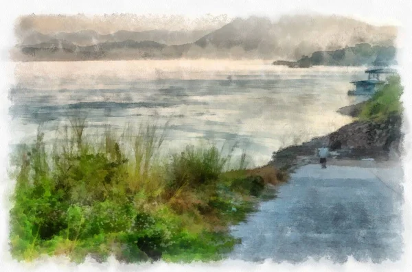 Mekong River Landscape Thailand Watercolor Style Illustration Impressionist Painting — Stockfoto