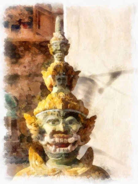 Tayland 'ın kuzeydoğusundaki antik tapınaklar suluboya resim çizimi.